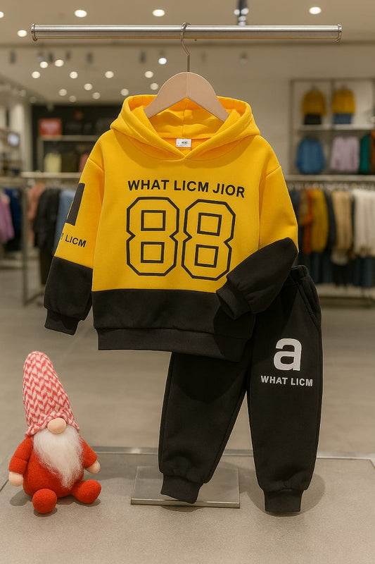 Fashion Hoodie Style Printed Kids Winter Suit Yellow Color