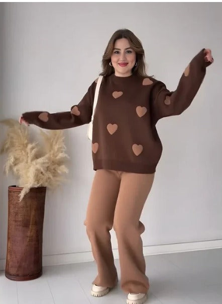 Winter Heart Printed 2 PC Co-Ord Set Brown