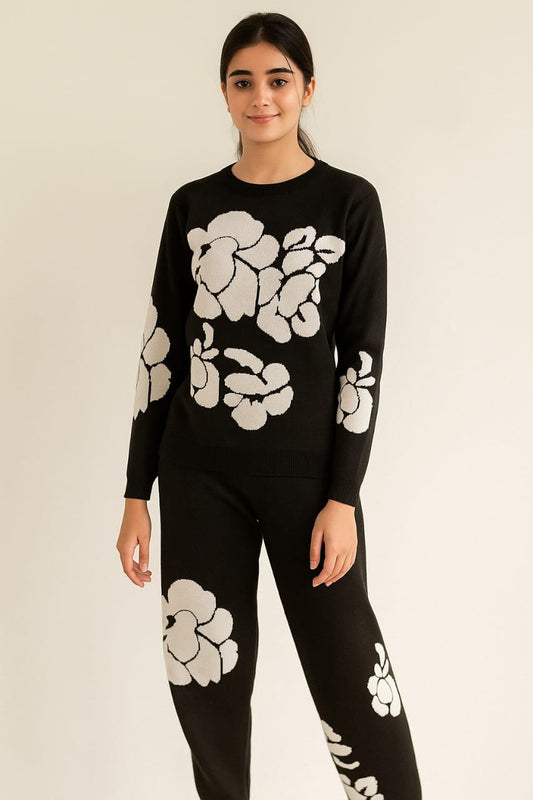Black Floral Knit Winter Track Suit ...