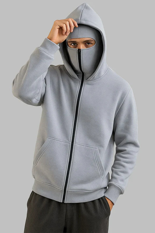 Men's Balaclava Ninja Zipper Hoodie Jacket Gray...