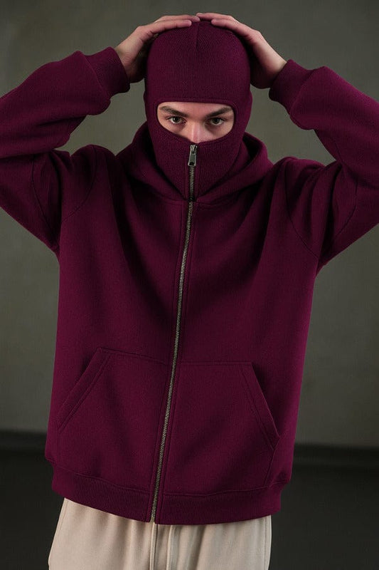 Men's Balaclava Ninja Zipper Hoodie Jacket Maroon